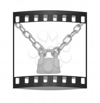 gold chains and padlock isolation on white background - 3d illustration. The film strip