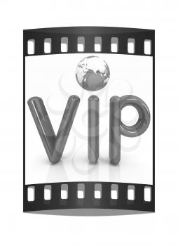 Word VIP with 3D globe on a white background. The film strip