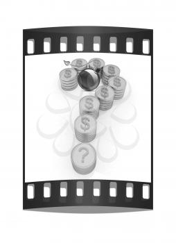 Question mark in the form of gold coins with dollar sign and black bomb burning on a white background. The film strip