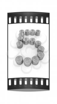 the number five of gold coins with dollar sign on a white background. The film strip
