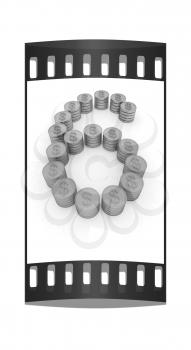 the number six of gold coins with dollar sign on a white background. The film strip
