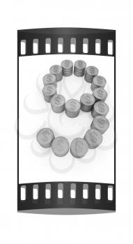 the number nine of gold coins with dollar sign on a white background. The film strip