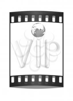 Word VIP with 3D globe on a white background. The film strip