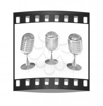 3 metal microphones on a white background. The film strip