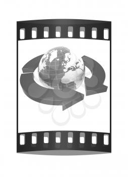 Earth with arrows on a white background. The film strip