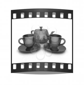 3d cups and teapot on a white background. The film strip