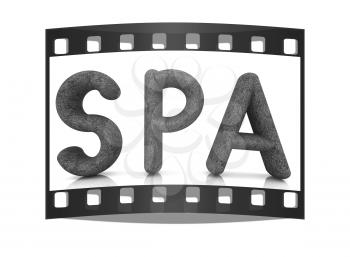 Spa 3D text from a green grass on a white background. The film strip