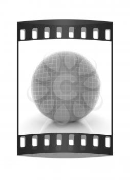 Abstract 3d sphere with blue mosaic design on a white background. The film strip