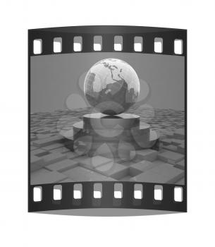 Earth on podium against abstract urban background. The film strip