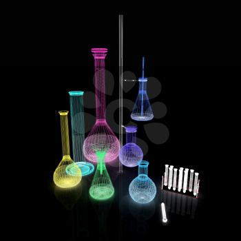Chemistry set, with test tubes, and beakers filled with colored liquids