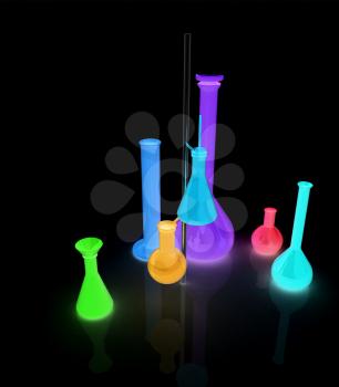 Chemistry set, with test tubes, and beakers filled with colored liquids