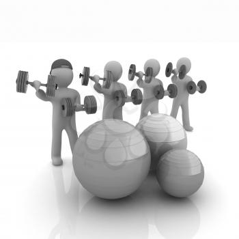 3d mans with fitness balls and dumbells