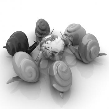 3d fantasy animals, snails and earth on white background 