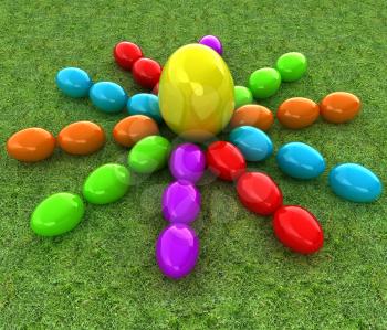 Colored Easter eggs as a flower and Big Easter Egg in the centre on a green grass