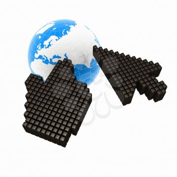 Link selection computer mouse cursor and Earth - Glodal internet concept on white background