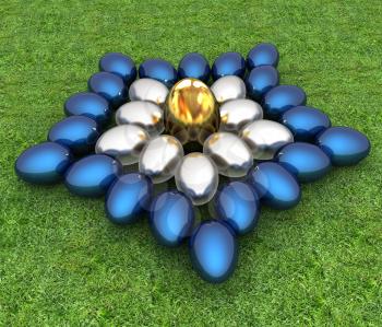 Blue metallic, metall and Gold Easter eggs as a flower on a green grass