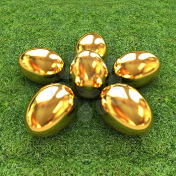Gold Easter eggs as a flower on a green grass