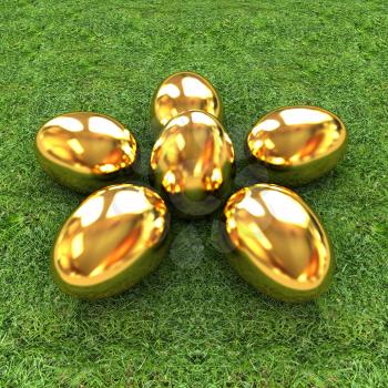 Gold Easter eggs as a flower on a green grass