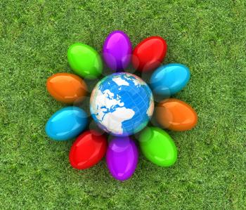 Colored Easter eggs around Earth on a green grass