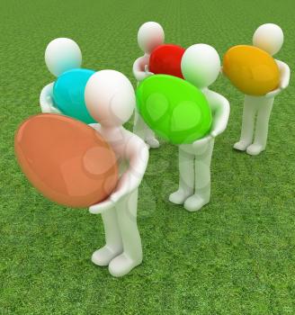 3d small persons holds the big Easter egg in a hand. 3d image. On green grass