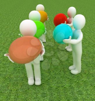 3d small persons holds the big Easter egg in a hand. 3d image. On green grass