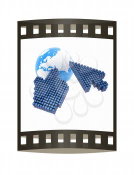 Link selection computer mouse cursor and Earth - Glodal internet concept on white background. The film strip