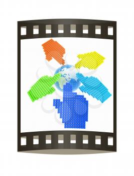 Link selection computer mouse cursor and Earth - Glodal internet concept on white background. The film strip