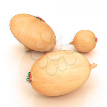 Ripe onion on a white background. 3D illustration. Anaglyph. View with red/cyan glasses to see in 3D.