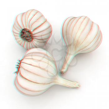 Head of garlic on a white background. 3D illustration. Anaglyph. View with red/cyan glasses to see in 3D.