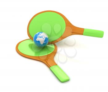 Rackets for playing table tennis and Earth. Global concept. 3D rendering