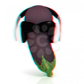 eggplant  with sun glass and headphones front face on a white background. 3D illustration. Anaglyph. View with red/cyan glasses to see in 3D.