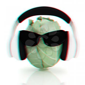 Green cabbage with sun glass and headphones front face on a white background. 3D illustration. Anaglyph. View with red/cyan glasses to see in 3D.