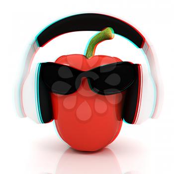 Bell peppers with sun glass and headphones front face on a white background. 3D illustration. Anaglyph. View with red/cyan glasses to see in 3D.