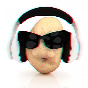 potato with sun glass and headphones front face on a white background. 3D illustration. Anaglyph. View with red/cyan glasses to see in 3D.