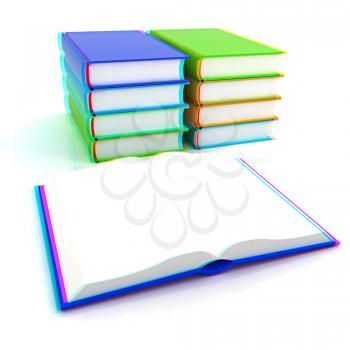 colorful real books on white background. 3D illustration. Anaglyph. View with red/cyan glasses to see in 3D.