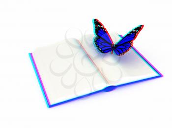 butterfly on a book on a white background. 3D illustration. Anaglyph. View with red/cyan glasses to see in 3D.