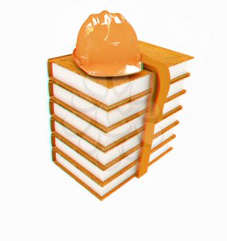 Stack of leather technical book with belt and hard hat on white background. 3D illustration. Anaglyph. View with red/cyan glasses to see in 3D.