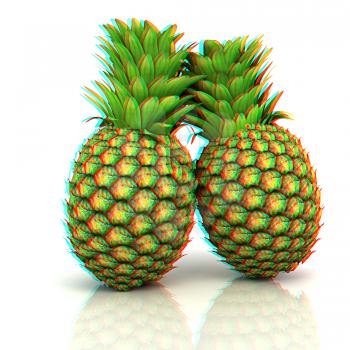 pineapples on a white background. 3D illustration. Anaglyph. View with red/cyan glasses to see in 3D.