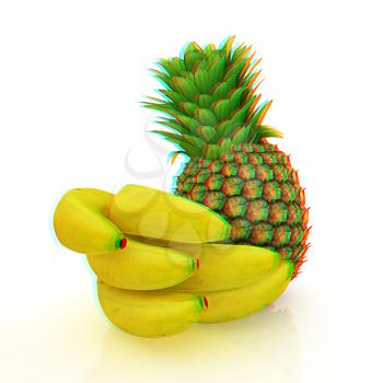 pineapple and bananas on a white background. 3D illustration. Anaglyph. View with red/cyan glasses to see in 3D.