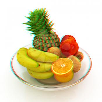 Citrus in a glass dish on a white background. 3D illustration. Anaglyph. View with red/cyan glasses to see in 3D.