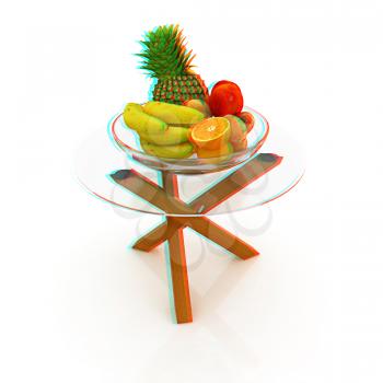 Citrus in a glass dish on exotic glass table with wooden legs on a white background. 3D illustration. Anaglyph. View with red/cyan glasses to see in 3D.