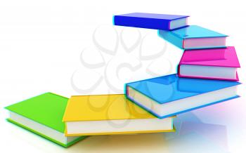 colorful real books on a white background. Anaglyph. View with red/cyan glasses to see in 3D. 3D illustration