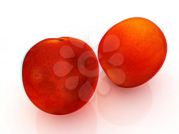 fresh peaches on a white background. 3D illustration. Anaglyph. View with red/cyan glasses to see in 3D.