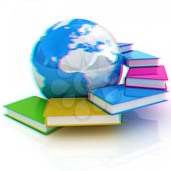 colorful real books and Earth. Anaglyph. View with red/cyan glasses to see in 3D. 3D illustration