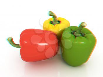 Bell peppers (bulgarian pepper) on a white background. 3D illustration. Anaglyph. View with red/cyan glasses to see in 3D.