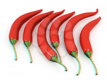 red hot chili peppers on a white background. 3D illustration. Anaglyph. View with red/cyan glasses to see in 3D.