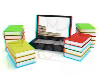 Colorful books and earth on a white background. Anaglyph. View with red/cyan glasses to see in 3D. 3D illustration
