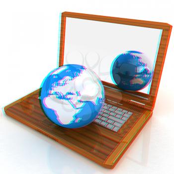 Eco Wooden Laptop and Earth on white background. Anaglyph. View with red/cyan glasses to see in 3D. 3D illustration