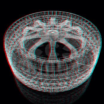  3d model car wheel on black background. Anaglyph. View with red/cyan glasses to see in 3D. 3D illustration