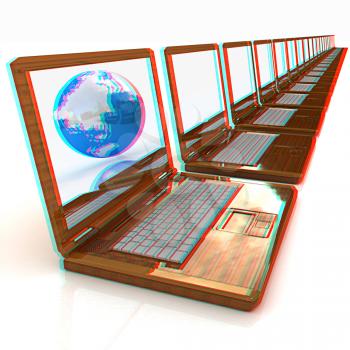 Computer Network Online concept with Eco Wooden  Laptop and Earth on white background. Anaglyph. View with red/cyan glasses to see in 3D. 3D illustration